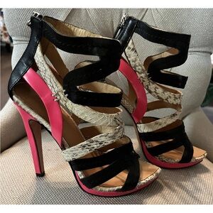 L.A.M.B. Black, Pink, and Cream Strappy Heels 6.5 M
